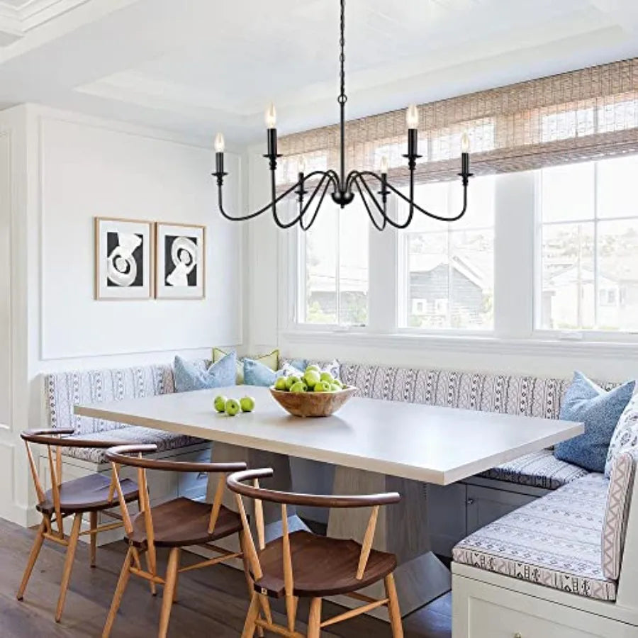 6-Light Iron Chandelier Black Farmhouse Chandelier Classic Candle Ceiling Pendant Light Fixture for Kitchen Island Dining Room