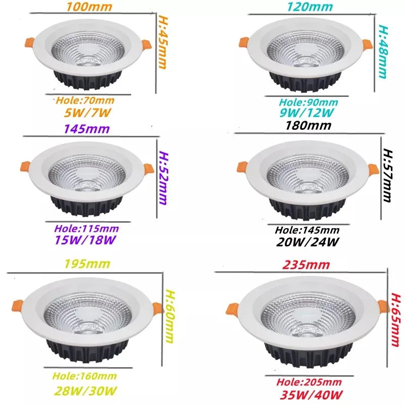 Led Downlight White Body Spot COB 220V 5W 7W 9W 12W 15W 18W 20W 24W 30W 40W Lighting Fixtures Recessed Down Lights Indoor Light