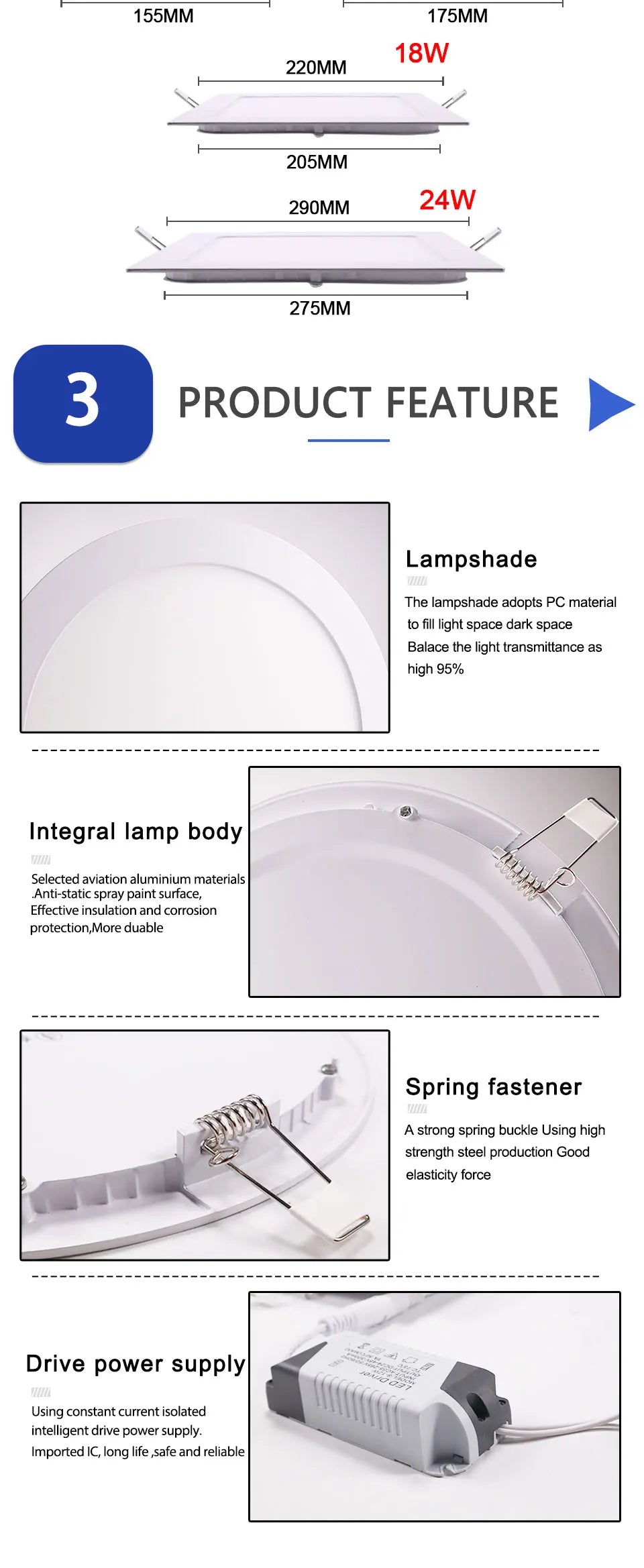 85MM to 290MM LED Downlight  24W 18W 12W 9W 6W 3W AC110V 220V Ultra thin led ceiling recessed grid downlight slim round/square panel light