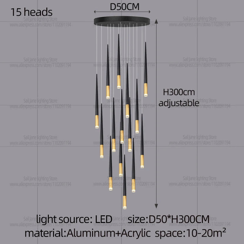 New Luxury Chandelier Nordic Conical Light Modern Living Room Duplex Attic Long Pendant Light Villa Staircase LED Pendant Light