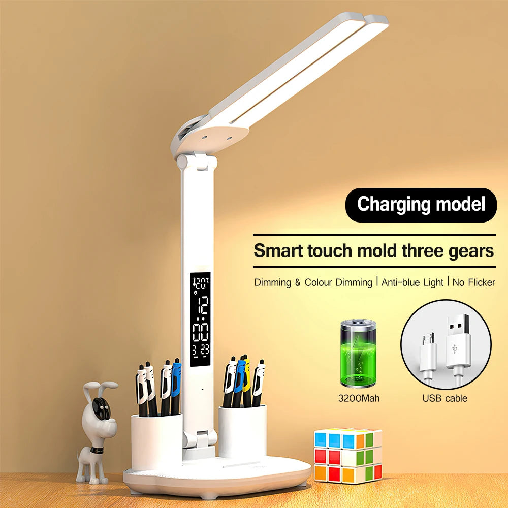 Multifunction 3 Color LED Table Lamp 2 Headed Folding With Fan Clock Desk Lamp USB Charging Bedside Reading Night Light