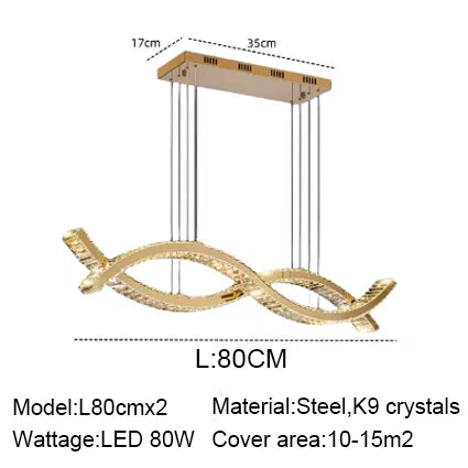 2026 Dining Room Lustre Remote Control Dimmable Pendant Lights Luxury K9 Crystal Hang Chandelier Wave Steel Lamp Fixtures