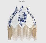 Home French Retro Blue And White Porcelain Floral Lampshade With Pearl Tassel Luxury Desk Lamp Shade Floor Pendant Light