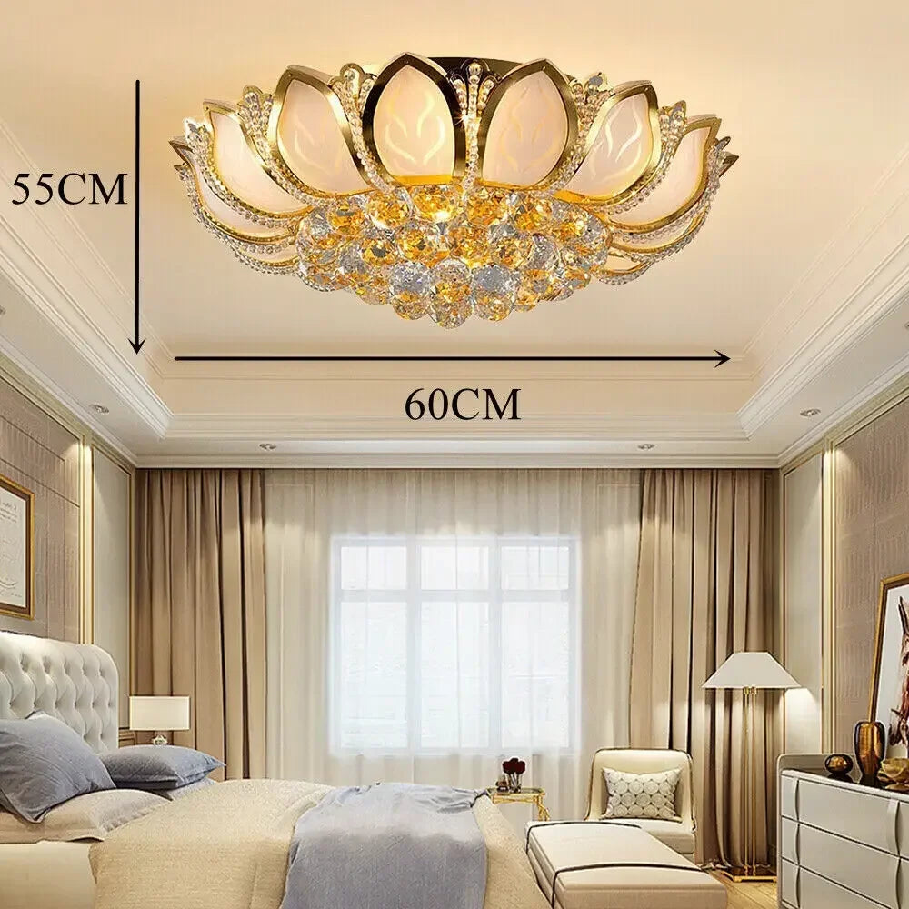 23.5" Flower Shaped Crystal Chandelier, E12 110V Gold Crystal Ceiling Lamp Modern Chandelier Hanging Lamp Flush Mount NEW