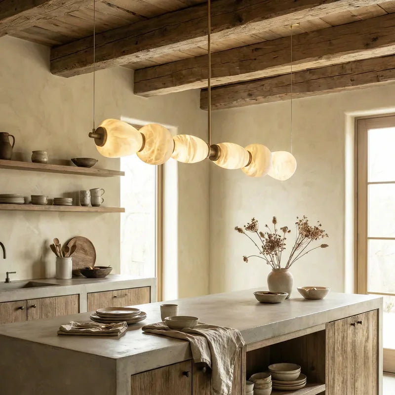 Modern Natural Alabaster Linear LED Chandelier - Brass & Marble Hanging Pendant Lamp for Dining Table, Kitchen Island & Living Room