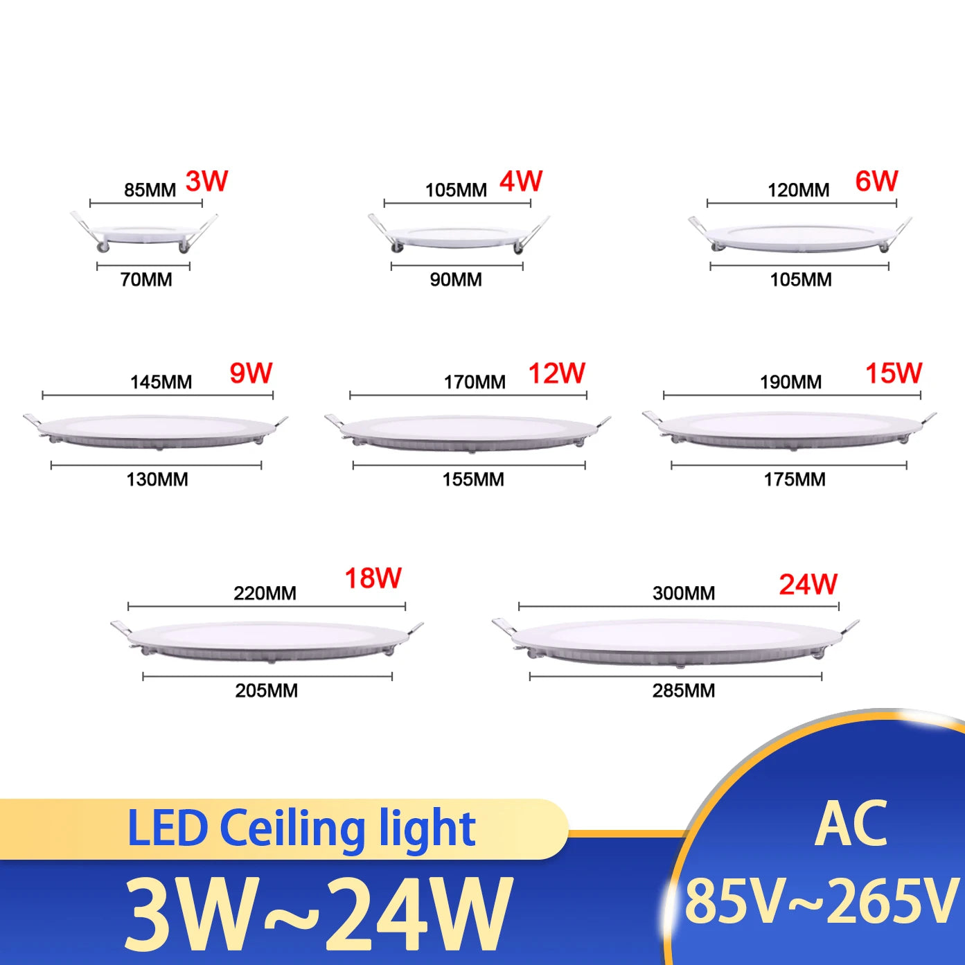 85MM to 290MM LED Downlight  24W 18W 12W 9W 6W 3W AC110V 220V Ultra thin led ceiling recessed grid downlight slim round/square panel light