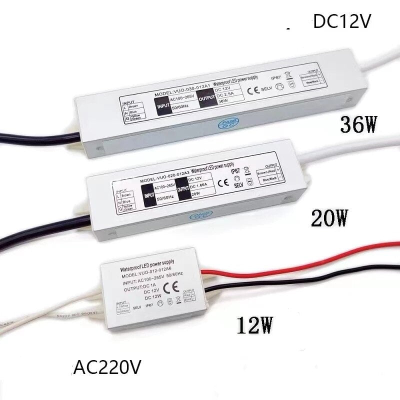 Waterproof IP67 LED Spot Transformer Power Supply: 12W, 20W, 60W, 100W - 220V to 12V Driver