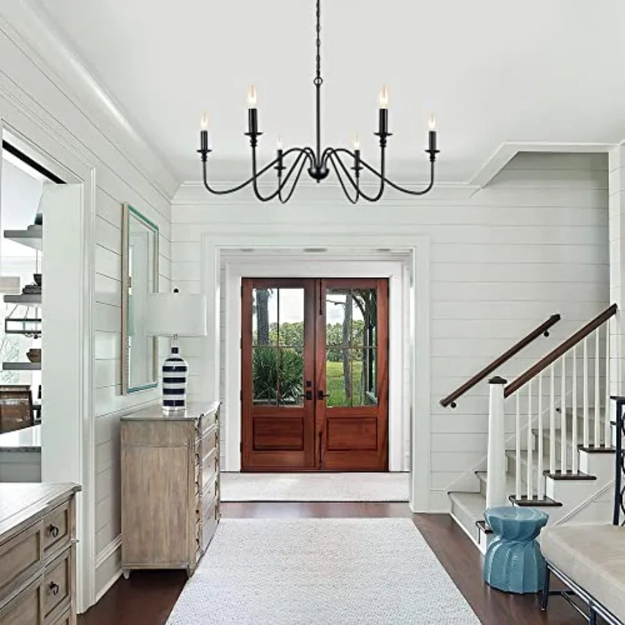 6-Light Iron Chandelier Black Farmhouse Chandelier Classic Candle Ceiling Pendant Light Fixture for Kitchen Island Dining Room