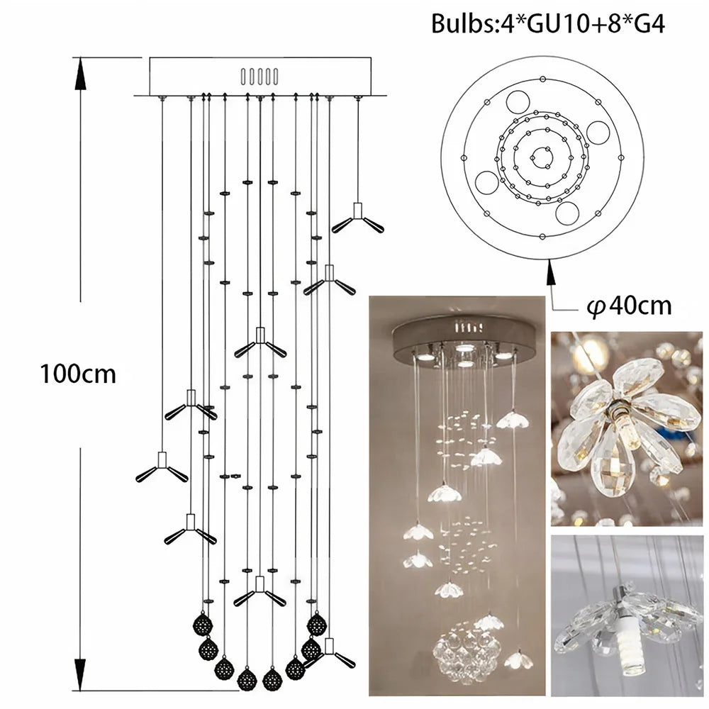 Floral Crystal String Chandelier Tall LED Pendant Light Indoor Decor Lighting For High Ceiling Stairs Lobby Hotel