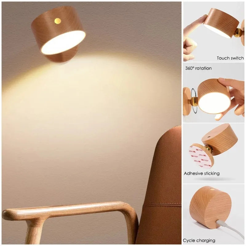 Wireless Wall Lights LED Reading Lamps Rechargeable Wood Sconce Home decoration Rotation Touch Control Bedside Lighting