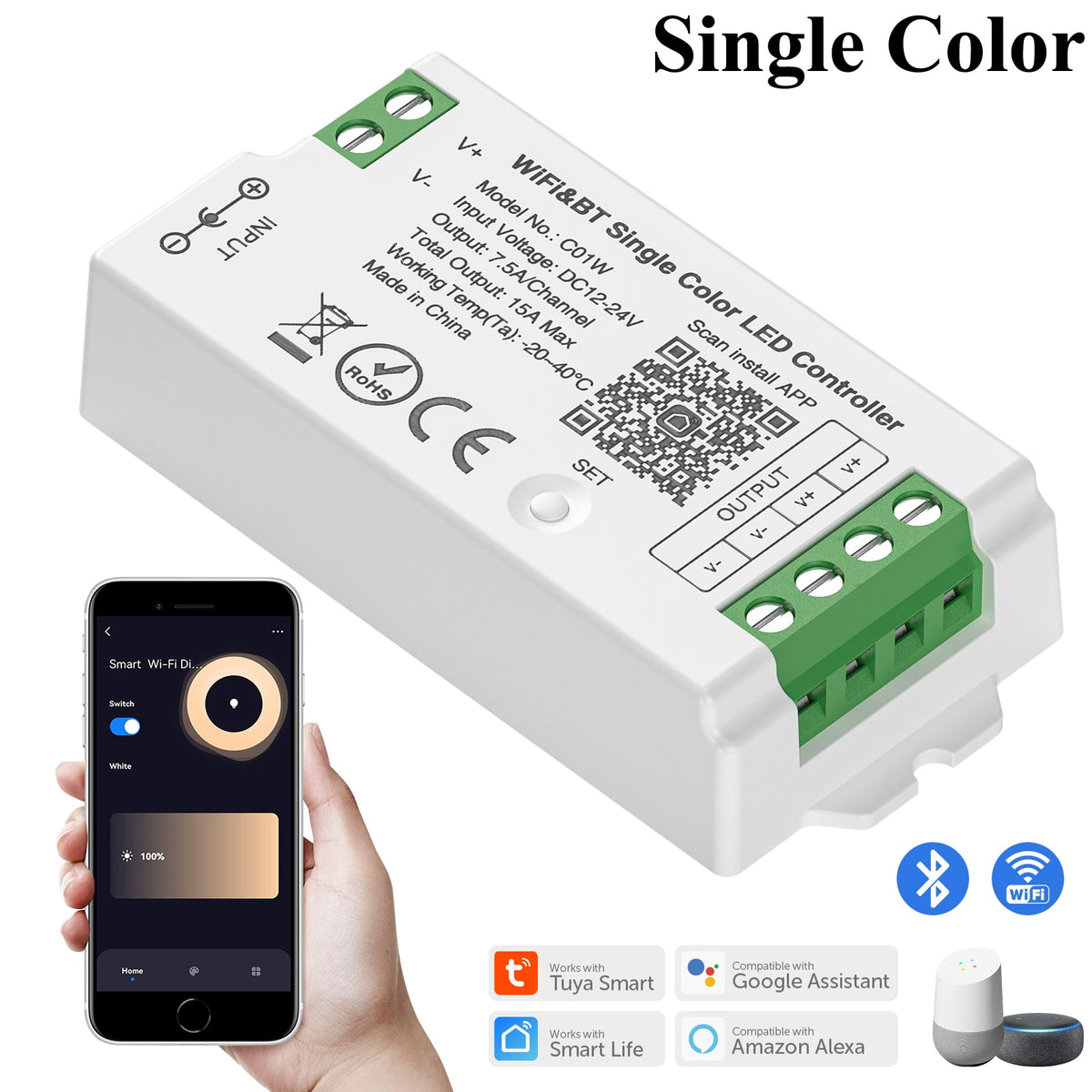Smart LED Controller, Tuya WiFi, Alexa, Google Home, Bluetooth Voice Control, Dynamic Lighting Control, CCT, RGB, RGBW, Dimmer, iOS, Android, 2.4G, DC12V, DC24V, Intelligent Connectivity, Dynamic Light Modes, User-Friendly Compatibility, Versatile Voltage Support, Effortless Control, Max Load Power, Durable Craftsmanship, Certified Quality, Two-Year Warranty, WiFi and Bluetooth Connection, Lighting Ambiance, Lighting Control Options