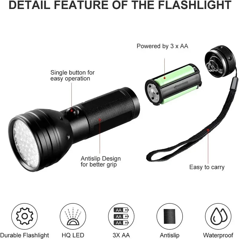 395nm UV Flashlight Black Light Waterproof 51 LED Flashlight Set with AA Battery for Home &amp; Hotel Inspection Pet Urine Detector