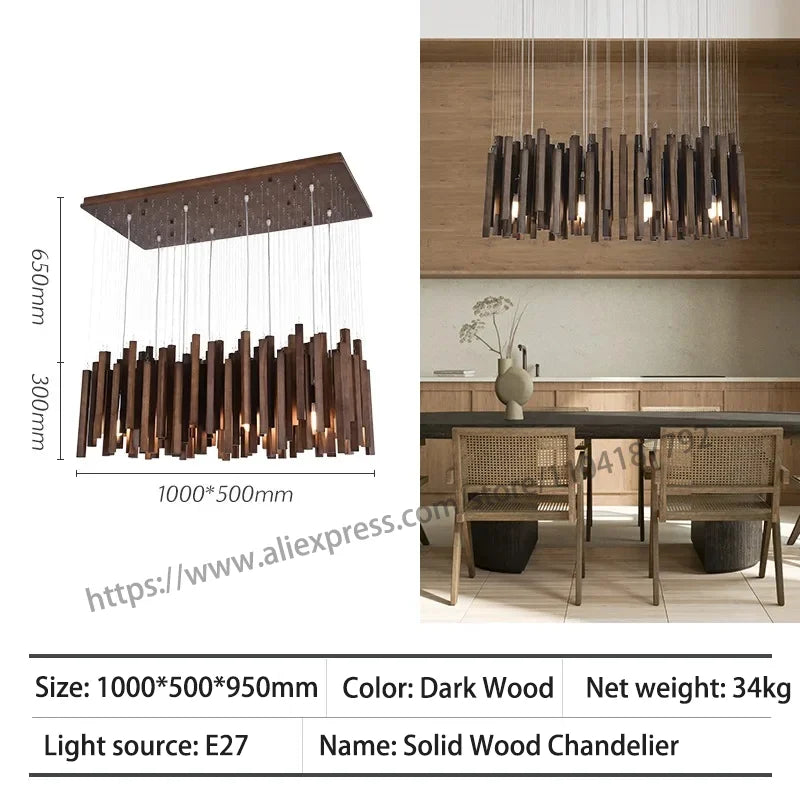 Retro Wooden Hanging Chandelier Light Dining Table Solid Wood Led Pendant Lamp Living Room Kitchen Chandelier Lighting Fixture