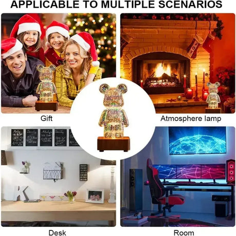 3D Fireworks Bear Lamp USB Led Night Light Bedroom Decoration Cute Table Desk Projection Atmosphere 7 Color Changeable Kid Gift