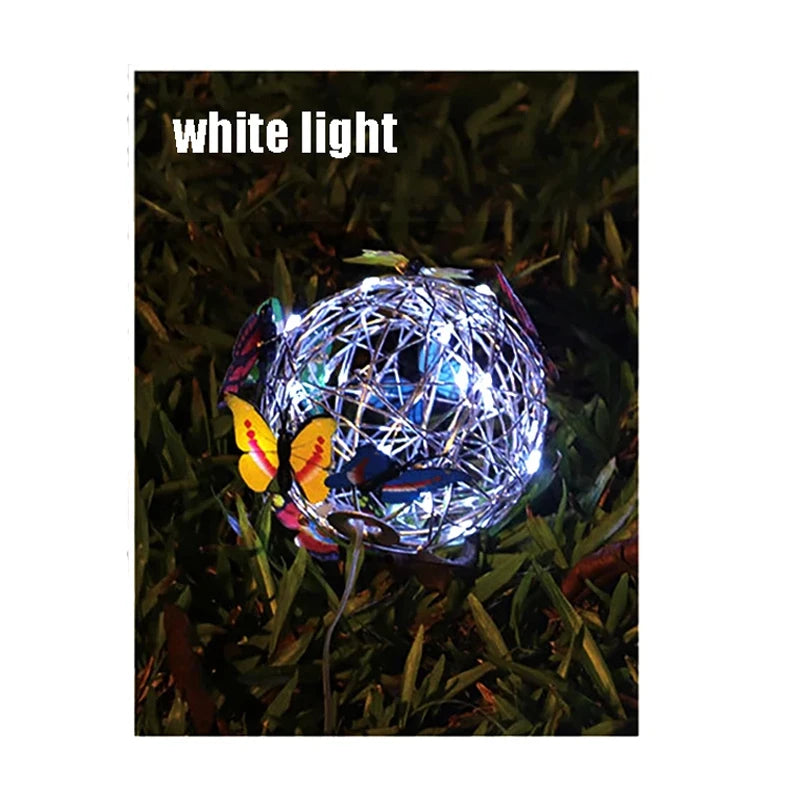 Outdoor Solar Metal Butterfly Pendant Light - Waterproof Hanging Weaving Mesh Ball