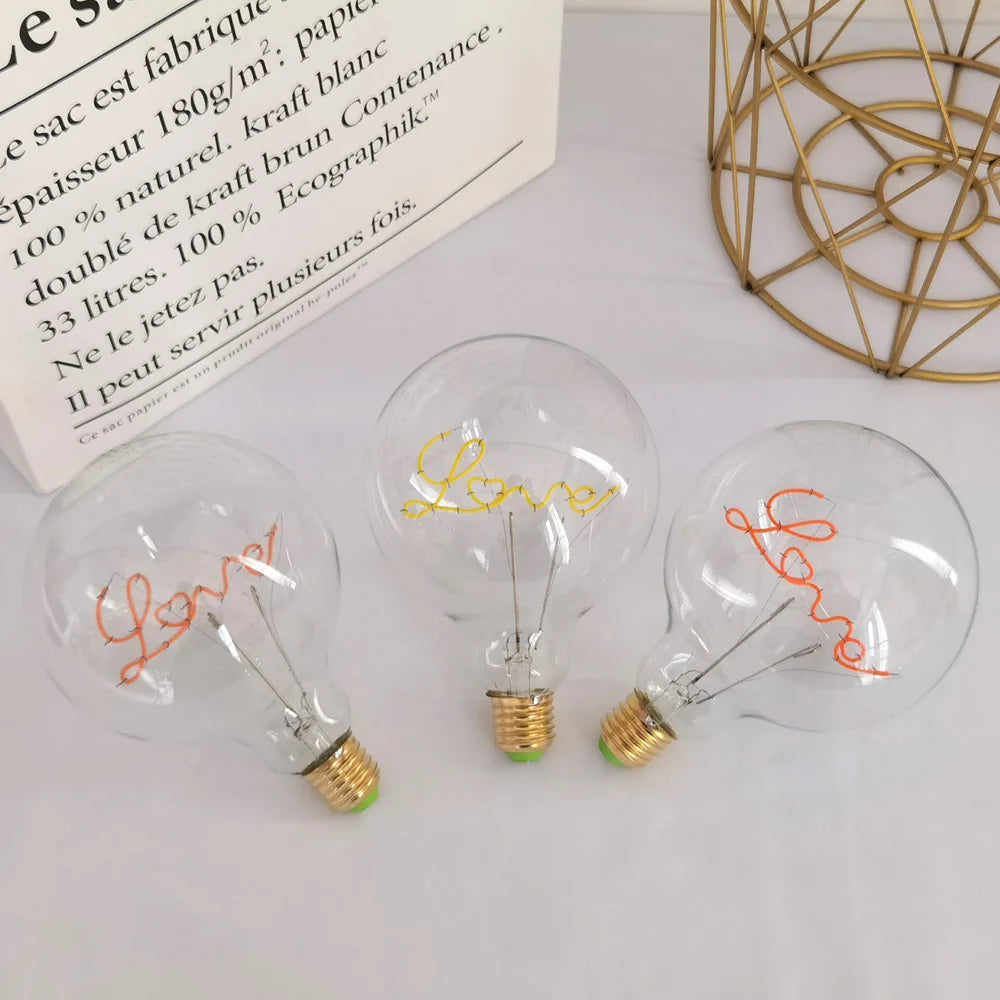 LOVE G125 220V 4W Dimmable Pink Red Yellow Edison Bulb Neon Letter Light Transparent Desk Light Ambient Light