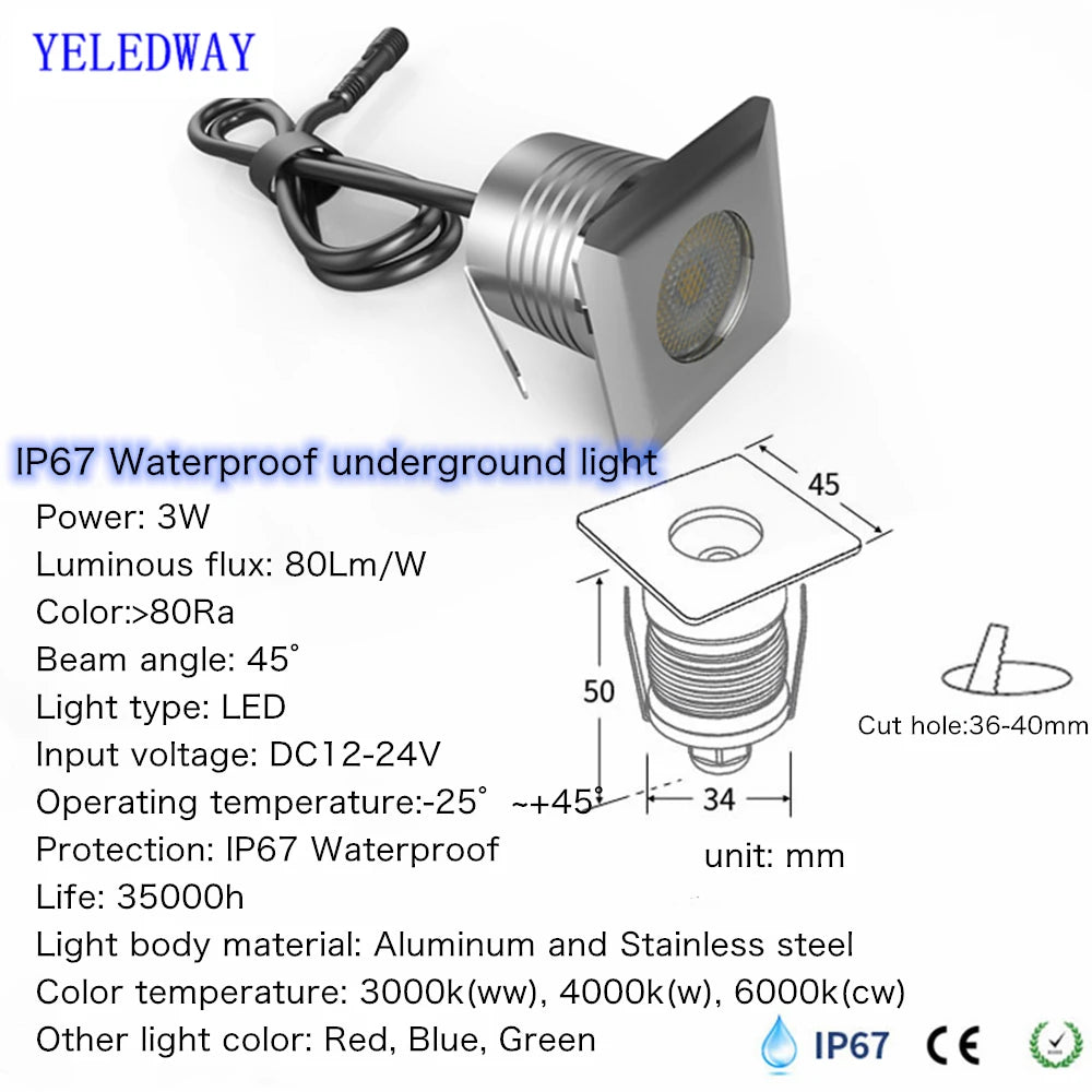 Waterproof 3W LED Garden Buried Light - Square Outdoor Recessed Deck Spotlight