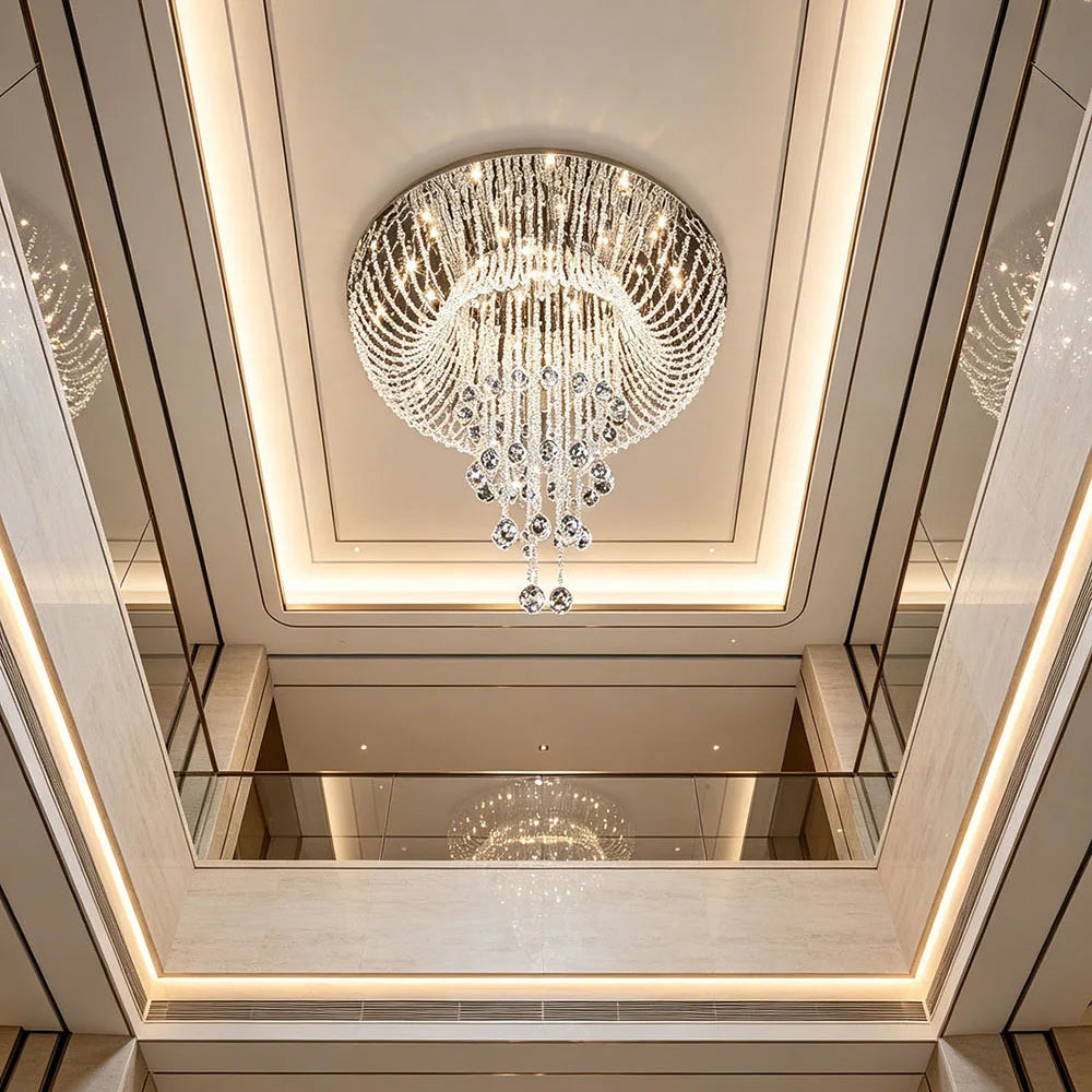 Luxury Long Tassel Crystal Flush Mount Chandelier LED Ceiling Light For Villa Duplex Staircase High Ceiling Living Room Foyer