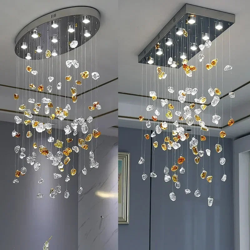Luxury LED Crystal Pendant Lamp Restaurant Living Room Villa Bedroom Irregular Stone Chandelier Indoor Art Decor with Spotlight