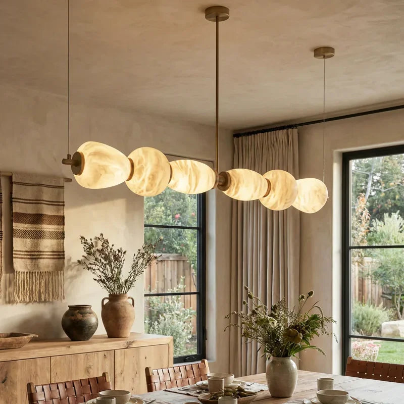 Modern Natural Alabaster Linear LED Chandelier - Brass & Marble Hanging Pendant Lamp for Dining Table, Kitchen Island & Living Room