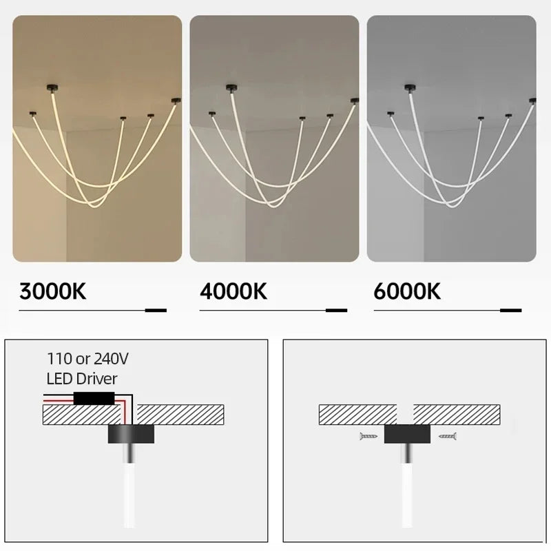 Nordic Long Line Chandelier Modern Flexible Long Tube LED  Lights Restuarant Cafe Bar Dining Room Pendant Lamps