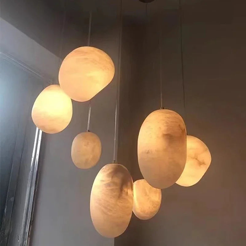 Postmodern Alabaster Staircase Pendant Light High-End Living Room Bedside Dining Room Lighting Spanish Natural Marble Chandelier