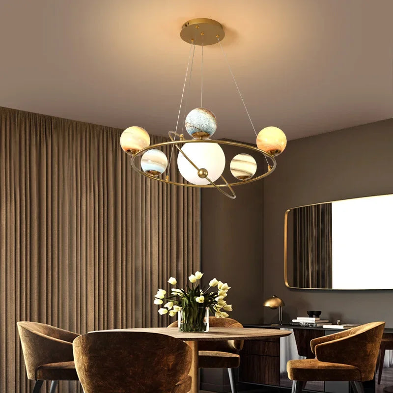 Nordic Planet Chandelier Ceiling Simple Living Room LED Pendant Lights Creative Moon Lamp Earth Children&#39;s Bedroom Hanging Light