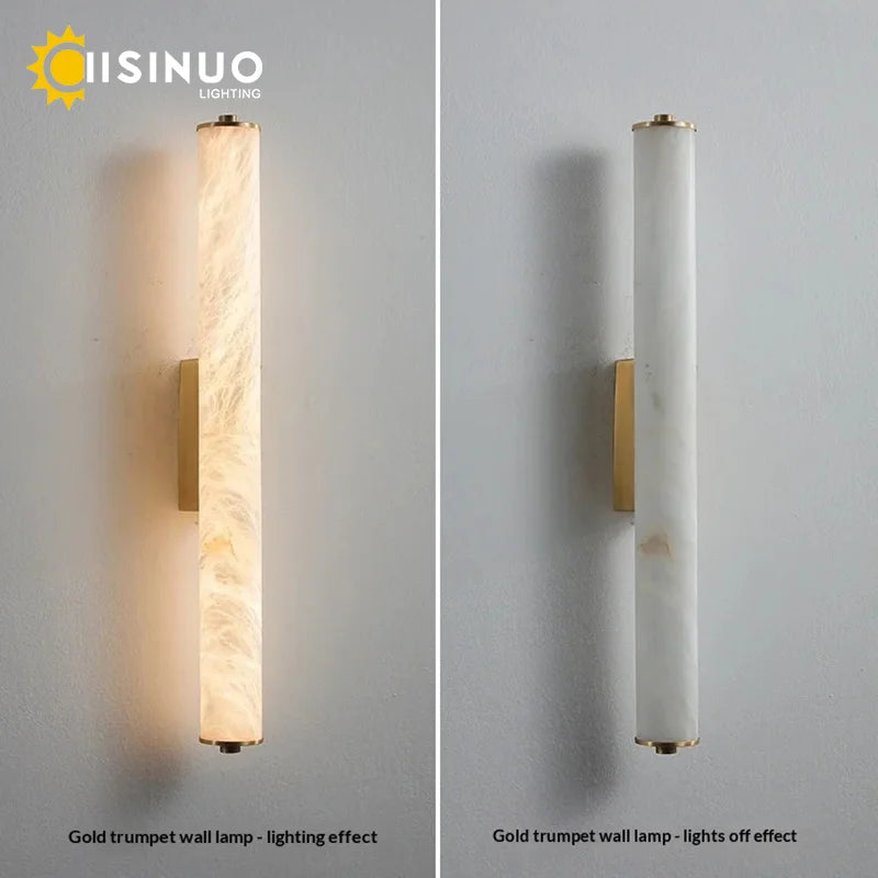 Spanish Natural Marble Wall Sconce Lamp - Cylindrical Up & Down LED Wall Light Fixture for Bathroom, Bedroom, Stairs & Parlor Decor