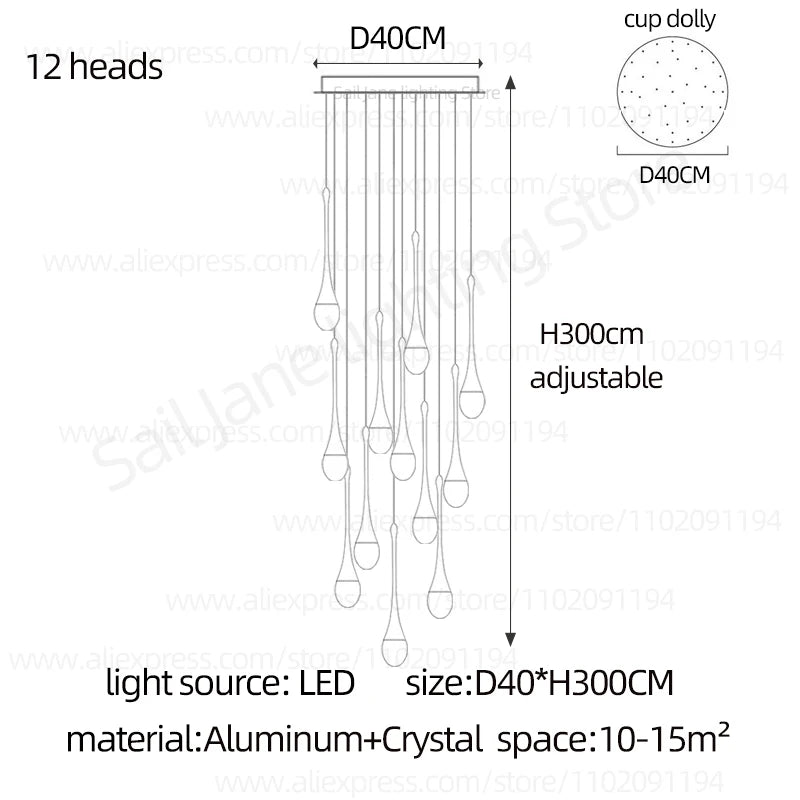 Nordic Minimalist Crystal Raindrop Pendant Light LED Staircase Chandelier For High Ceiling Villa Duplex Home Decor Living Room