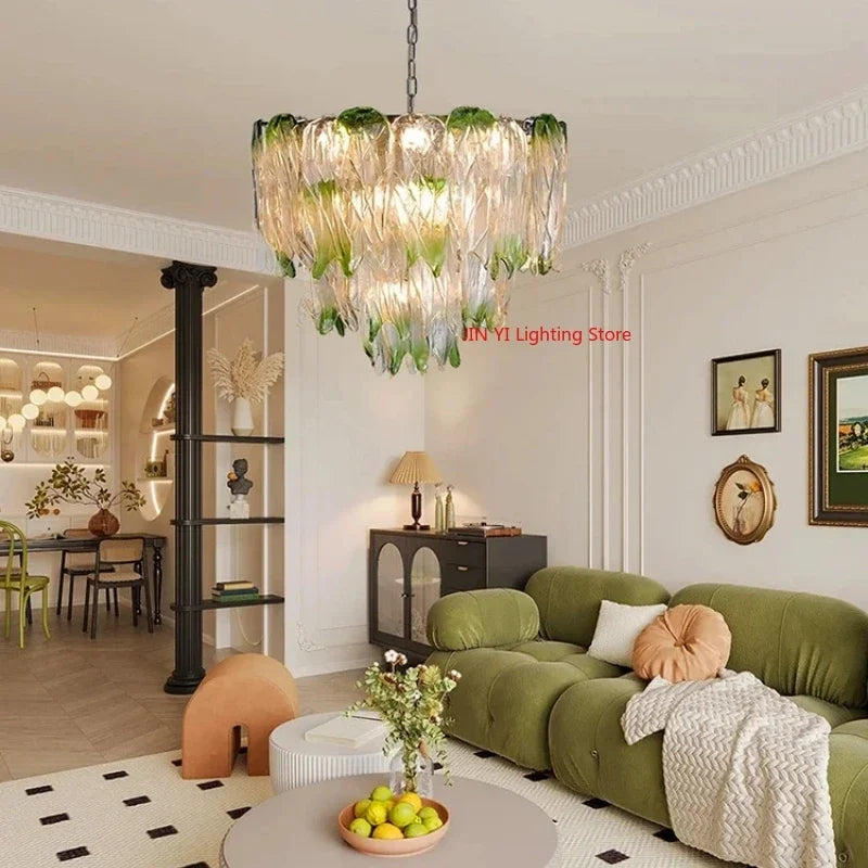 French Luxury Gradient Green Glass Living Room Chandelier Designer Bedroom Restaurant Hotel Highend Pendant Lamp Art Decor Light