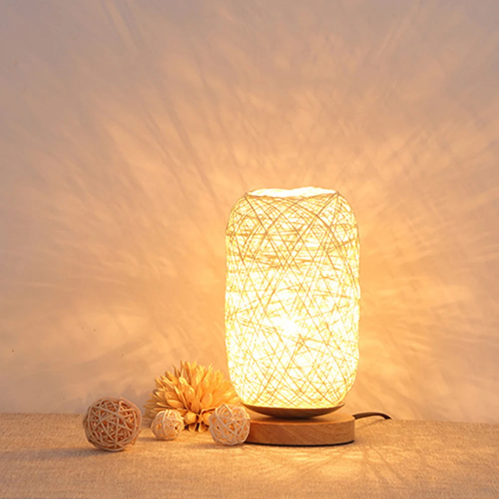 Led Night Light Wooden Rattan Twine Table Lamps Dimmable Light Desk Lights Home Art For Power Bank Bedroom Bedside Decoration