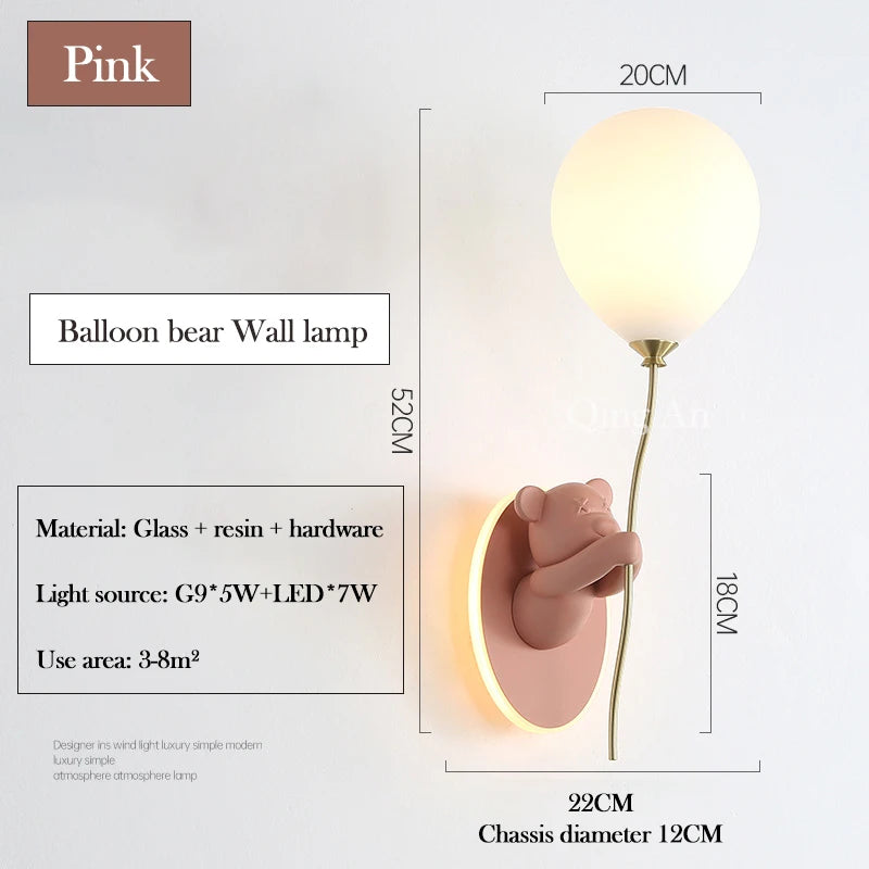 Pink Balloon Bear Wall Lamps Cute Children's Room Lamp Modern Warm Princess Room Nursery Girl Boy Bedroom Bedside Wall Lights