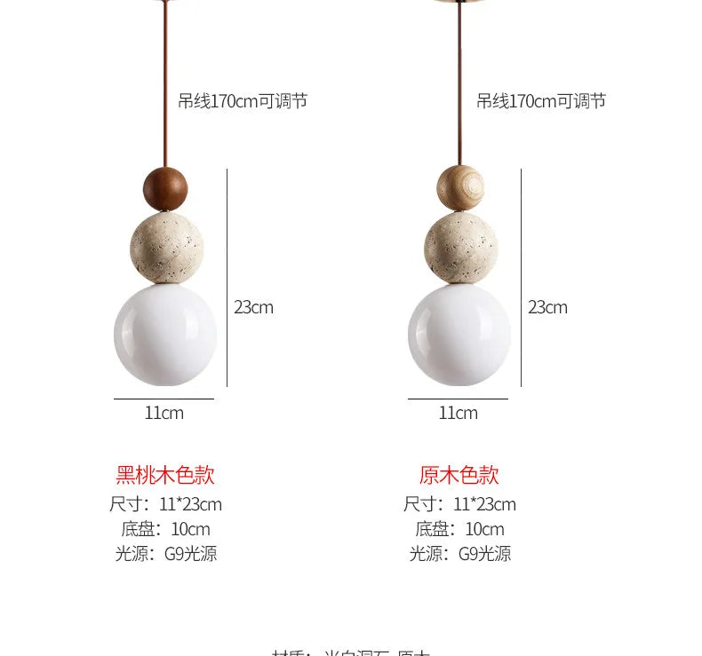 Luma Cream Style Yellow Travertine Pendant Lights, Nature Stone Wood Hanging Lamps for Bedroom Bedside Restaurant Kitchen Island