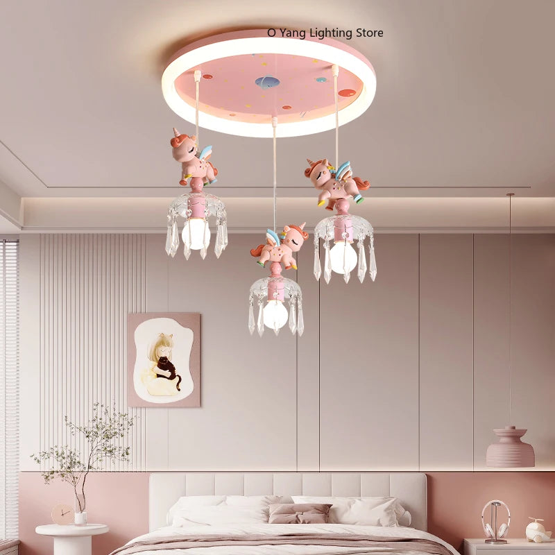 Princess Room Pendant Light Creative Pink Cartoon Unicorn LED Eye Protection Headboard Simple  Bedroom Children's Room Light