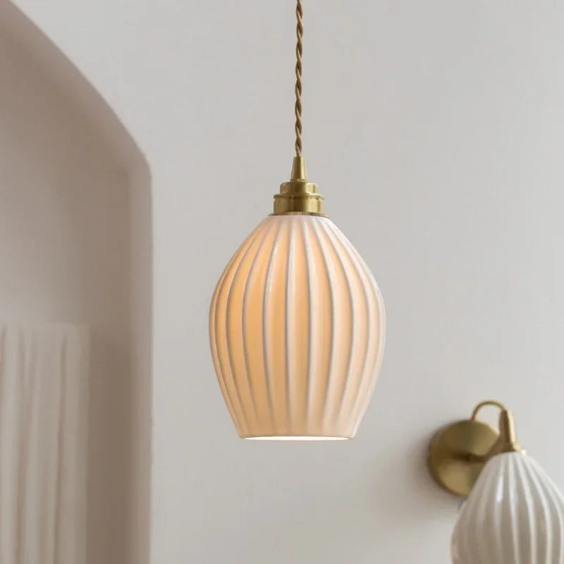IWHD Home Design LED Pendant Lamp Balcony Reading Dining Room Japan Style Gold Copper Patterned Ceramic Hanging Lights Hanglamp