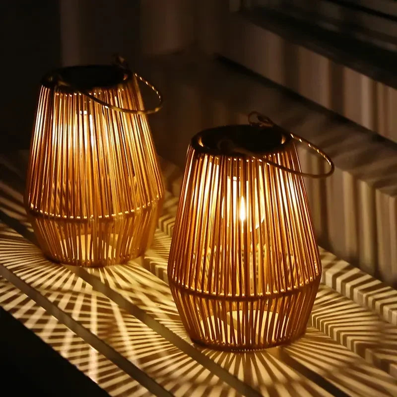 Outdoor Solar Boho Rattan Hanging Lantern Waterproof LED Wicker Lamp for Garden Patio Yard Summer Evening Balcony Wedding Decor