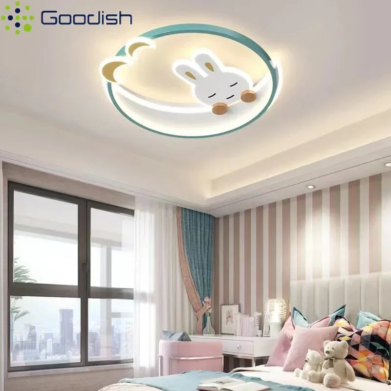 Modern Novelty Cute Cartoon Pink Rabbit Moon LED Ceiling Lights Art Lovely Lamps for Chidren's Room Home Decoration Chandeliers