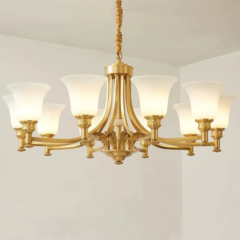 Solid Brass Chandelier with Glass Shades - 3-Color LED Luxury Dining Room Light