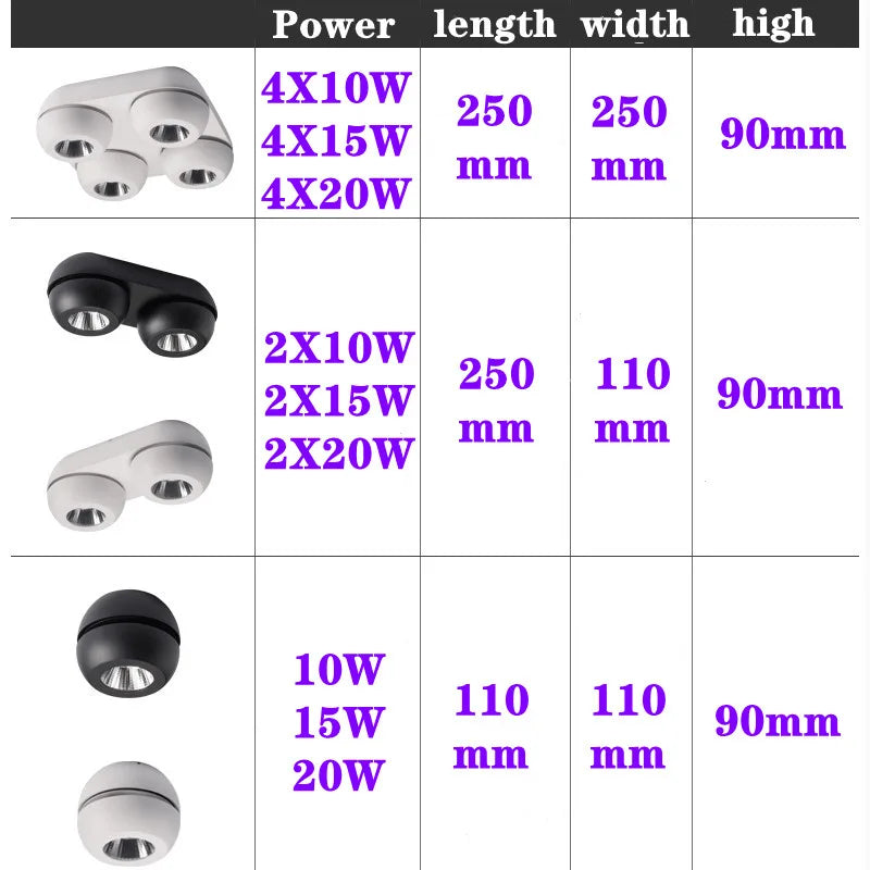 Super Bright LED Downlight Dimmable 10W15W20W30W40W60W80W CERR Chip Surface Mounted Folding Rotating COB Ceiling Lamp Spot Light