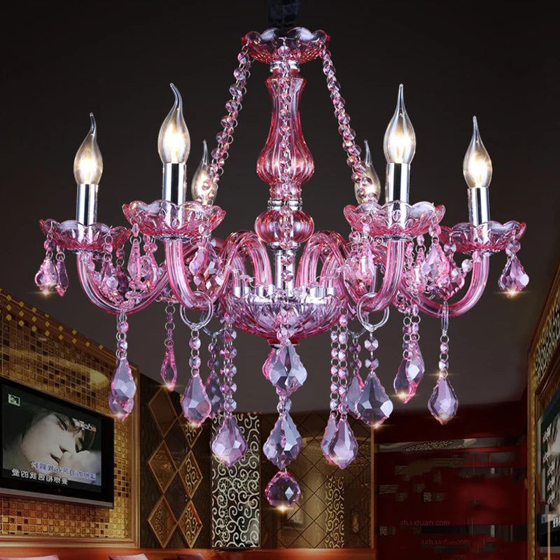 French Princess Room Crystal Pink Chandelier Villa Hotel Dining Table Candlelight Glass Decoration Rose Red LED Pendent Lamp