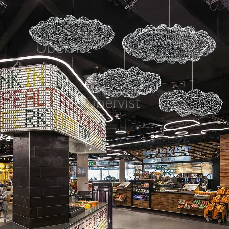 Nordic Art Floating Cloud Chandelier for Hotel Hall Restaurant Office Bar Pendant Lamp Suspended LED Luminaire with Spotlight