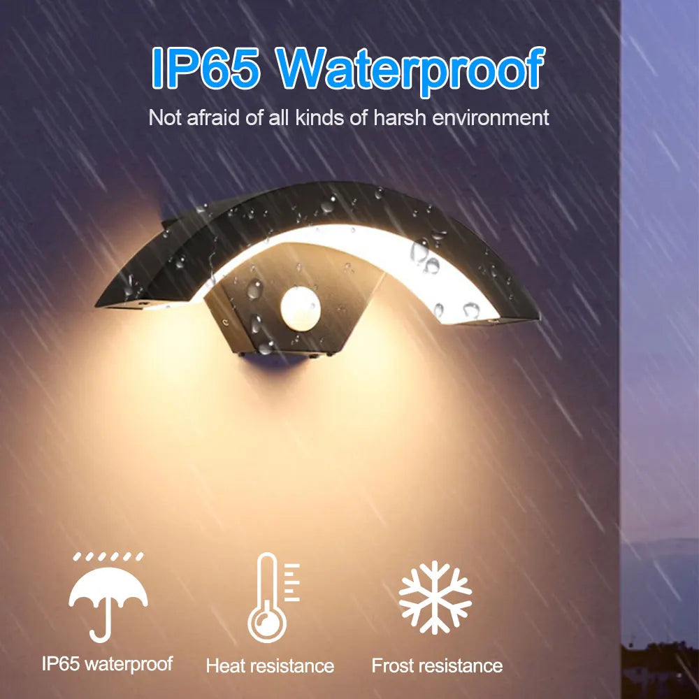 18/24W Modern PIR Motion Sensor Curved Led Wall Lamp Outdoor Waterproof IP65 Front Door Garden Porch Sconce Induction Wall Light