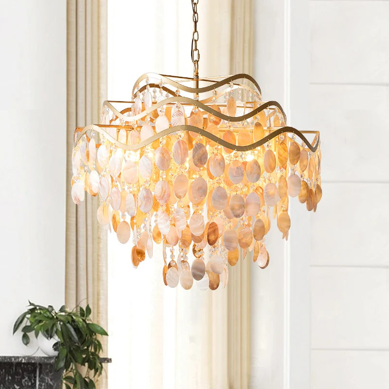 Luxury Shell Hanging Lamp for Ceiling French Living Room Pendant Light Bedroom Crystal Chandelier Home Decorations Luster LED