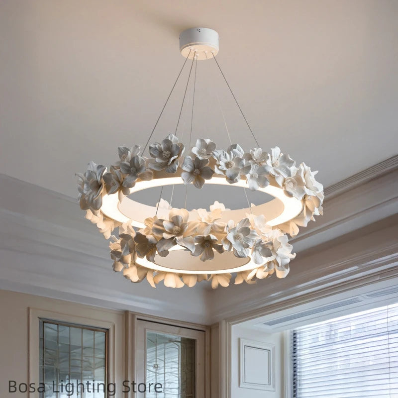 French Round Floral Pendant Lamp Cream Style Resin Hanging Light Parlor Bedroom Office LED Dining Room Double Layer Chandelier