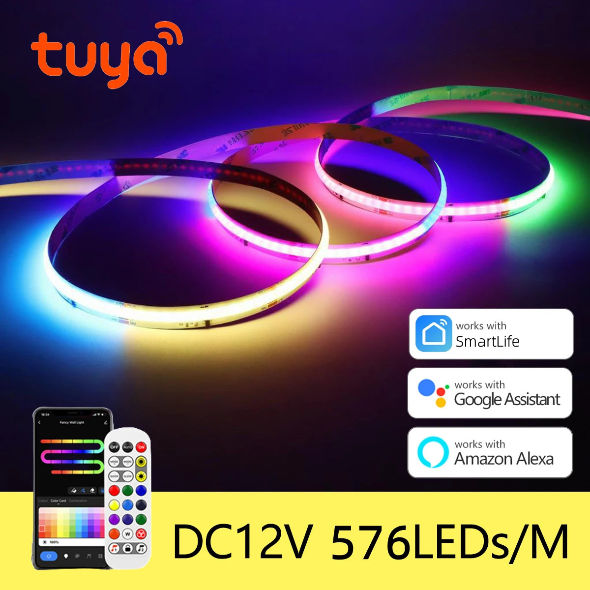 Tuya Smart Life 12V RGBIC COB LED Strip Light - WS2811 Addressable Ambient Tape