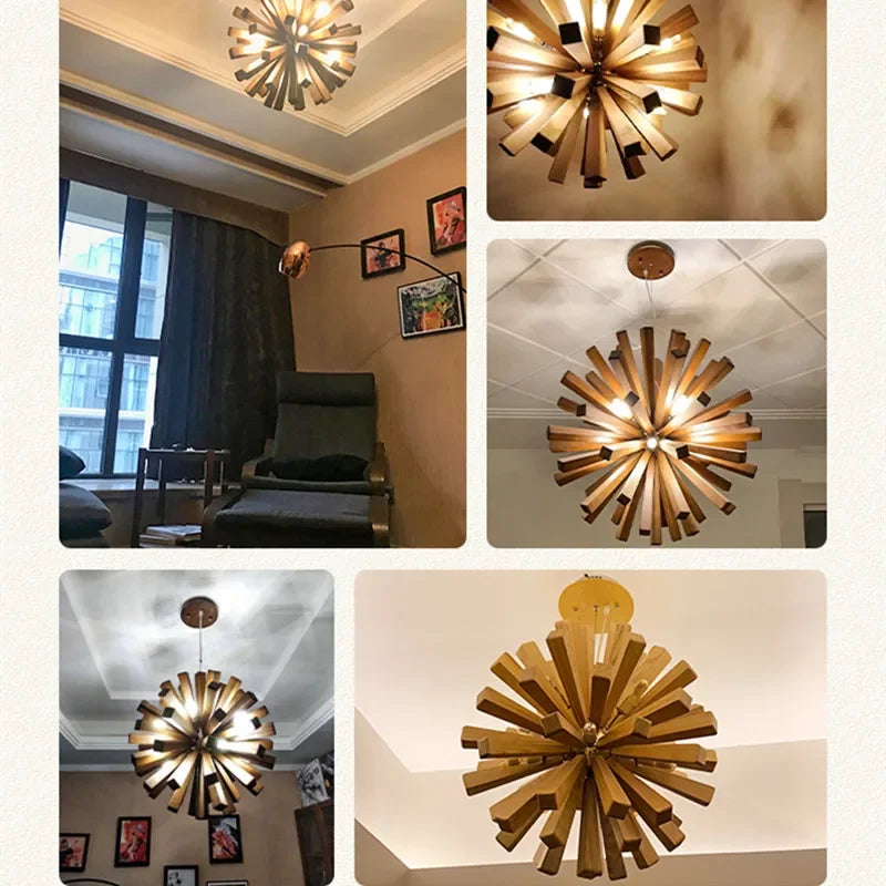 Japanese Wooden Chandeliers Retro Round Dining Table Lighting Fixtures Globe Shape Pandent Lights Living Room Home Decoration