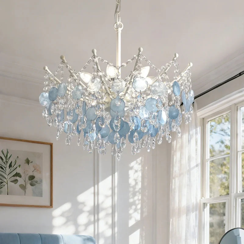 French K9 Crystal Chandelier Luxury Vintage Blue/White Natural Shell Pendant Light for Romantic Villa Living Dining Room Bedroom