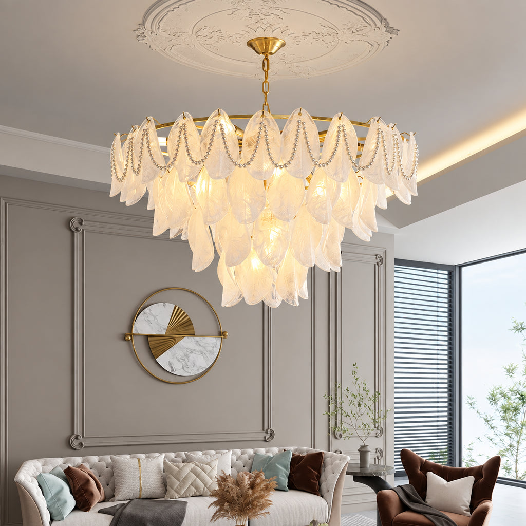 Luxury Glass Chandelier with Pearl Accents - Modern Ceiling Pendant Light Fixture for Living Room, Dining Room & Bedroom