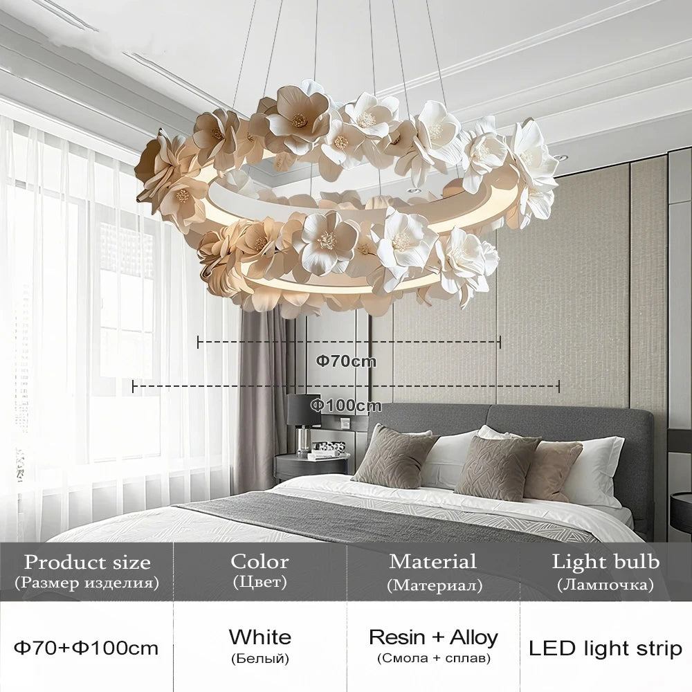 French Round Floral Pendant Lamp Cream Style Resin Hanging Light Parlor Bedroom Office LED Dining Room Double Layer Chandelier
