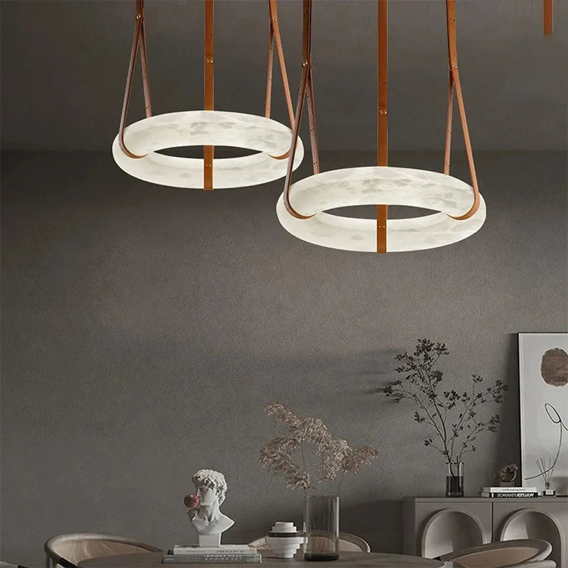 2026 Circular Marble Leather LED Hanging Lamp Modern Bedroom Living Room Main Light Fixture Nordic Faux Marble Pendant Light